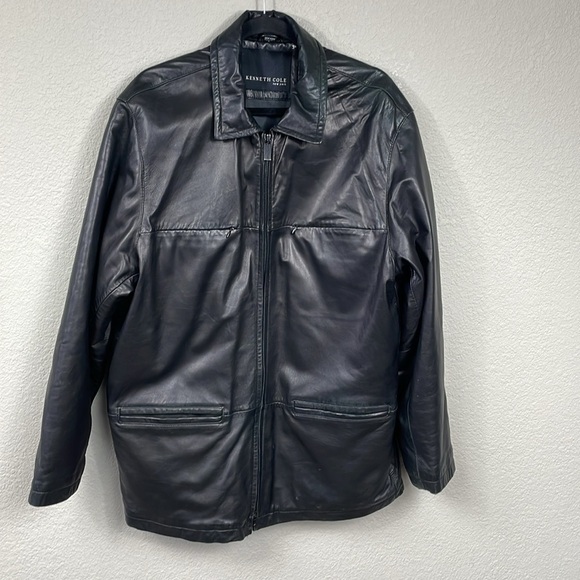 Kenneth Cole Black Leather Full Zip Bomber Jacket Zip Pockets Sz L - Picture 1 of 16